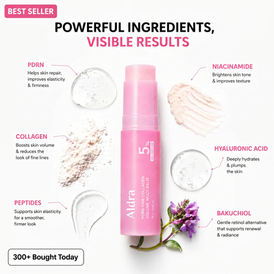 Aldra PDRN collagen balm ingredients featuring 5% Volufiline, PDRN, collagen, peptides, niacinamide, and hyaluronic acid
